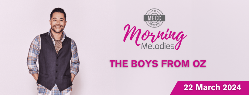 Male on pink background with text saying 'Morning Melodies: The Boys from Oz